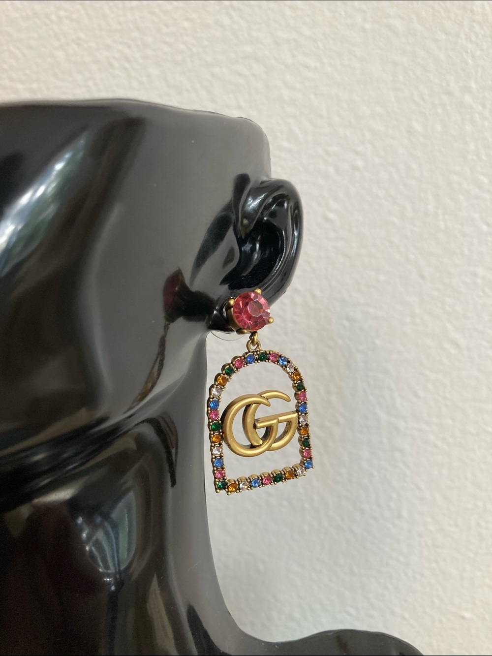 Gucci Gold Multicolor Crystal GG Drop Earrings with Pink Stone - Picture 2 of 4